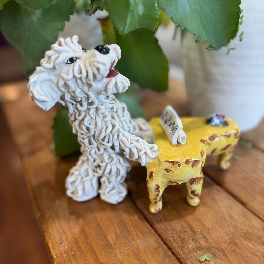 Vintage‎ handmade White Dog playing piano sculpture Figurine Italy Yellow Table